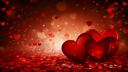 Poster - Delicate red hearts floating amid softly blurred light spots, expressing romantic mood for love-themed digital designs