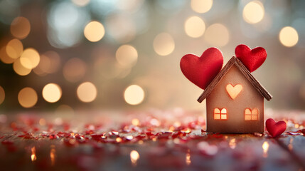 Aufkleber - Miniature glowing house featuring red heart decorations, soft bokeh lighting creating romantic Valentine's Day ambiance