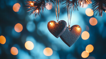 Aufkleber - Sparkling heart-shaped ornaments dangling from evergreen branch, symbolizing festive romance and seasonal joy