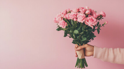 Poster - Hand holding a bouquet of pink roses on a pink background, perfect for Valentine's Day or Mother's Day