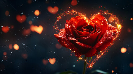 Aufkleber - Beautiful red rose with sparkling heart shape on a dark bokeh background with hearts for Valentine's Day