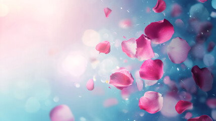 Aufkleber - Delicate pink rose petals drifting softly over blurred light blue backdrop, creating romantic valentine mood