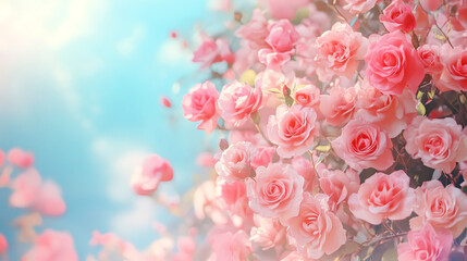 Poster - Pink roses blooming vibrantly against azure sky, symbolizing romantic sentiment and natural elegance