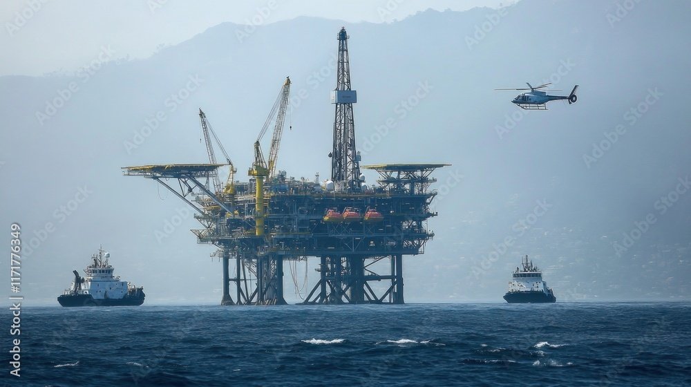 Oil Rig Protection Vessels Offshore oil rig with support vessels and helicopter. Stock Photo ...