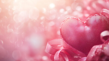 Poster - Pink heart decorated with silky ribbon, floating over soft blurred pastel background, symbolizing romantic Valentine's love