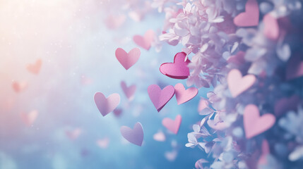 Aufkleber - Romantic pink-purple heart petals cascading from blooming tree branches, symbolizing love and tender emotions