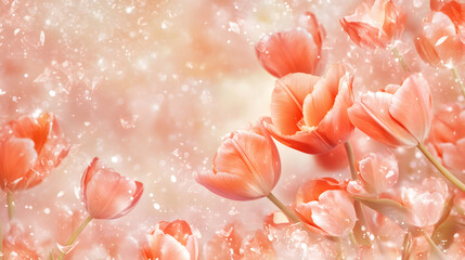 Poster - Beautiful pink tulips floating on a delicate background with bokeh and light effects, perfect for Valentine's Day projects