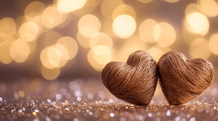Aufkleber - Golden yarn hearts sitting side by side on shimmering surface, bathed in warm bokeh lighting, embodying romantic Valentine's Day sentiment