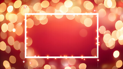Aufkleber - Red Valentine's Day background with glowing bokeh lights, white frame and small hearts hanging from a string light