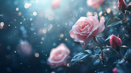 Poster - Beautiful pink roses covered in water drops, with bokeh lights and falling snow, creating a magical winter atmosphere