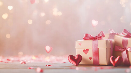 Poster - Valentine's Day gifts with pink ribbons and heart decorations on a wooden table with bokeh lights and falling hearts in the background