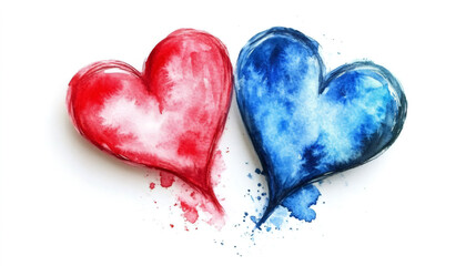 Poster - Watercolor hearts touching softly - red, blue symbols of romantic connection against pristine white canvas, expressing tender emotional bond