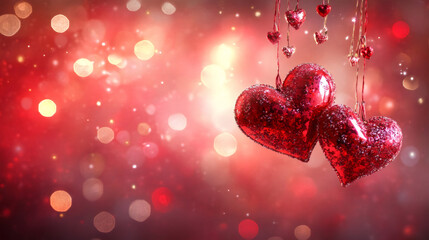 Poster - Sparkling red hearts dangling against blurred crimson backdrop, generating romantic Valentine's mood with soft bokeh lighting
