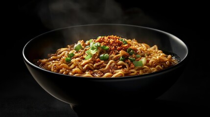 Poster - Steaming bowl of noodles with garlic and green onions.