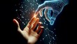 © Yasar - A human hand touches a glowing digital hand, symbolizing AI-human interaction and futuristic technology.