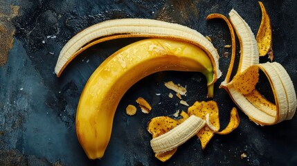 Poster - Partially peeled ripe yellow banana on dark background with peel fragments.