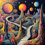 Paisaje onírico con escaleras que ascienden entre formaciones geológicas fantásticas y planetas flotantes en un cielo estrellado, evocando un viaje surrealista y psicodélico
