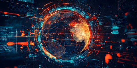 Wall Mural - Cybersecurity and Global Conflict Concept - Digital World Map Visualization