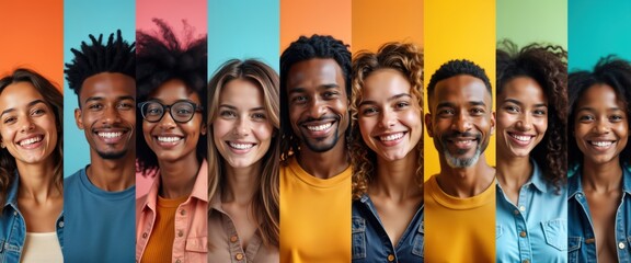 Collage photo shows diverse people with happy expressions. Different ethnicities, ages pictured against vibrant color backgrounds. Variety of clothing styles visible. Group of people showcase global