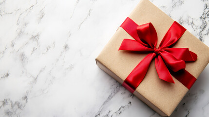 Poster - Gift box tied with red ribbon resting on marble surface, symbolizing romantic celebration and heartfelt sentiment