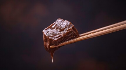 Poster - Close-up of a chocolate-covered cube held by chopsticks, with a dark background.