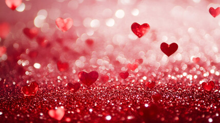 Poster - Romantic background with red hearts falling on a sparkly red and pink bokeh background, ideal for Valentine's Day projects