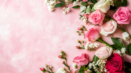 Poster - Delicate pink and white roses create a romantic border on a textured pink background, perfect for Valentine's Day designs