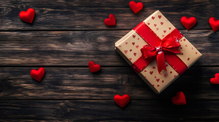 Poster - Decorated wooden table featuring gift box, red ribbon details, romantic Valentine's theme, symbolizing love and affection
