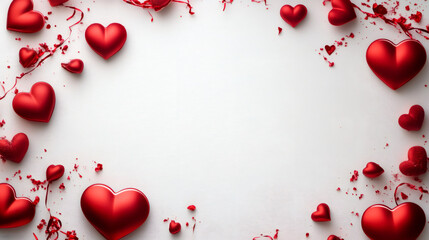 Poster - Romantic red heart frame featuring decorative confetti and ribbons scattered across white surface
