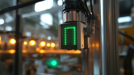 Poster - Green light on sensor confirms smooth operation on an automated production line, ensuring quality control and efficiency in modern manufacturing