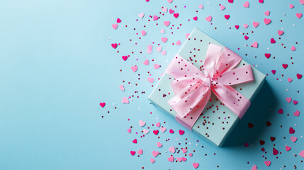Poster - Valentine's Day gift box with pink ribbon on light blue background with heart shaped confetti, celebrating love and romance