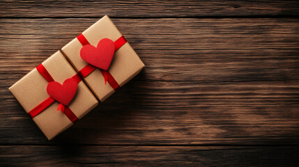 Poster - Romantic Valentine's gift boxes adorned with red hearts resting on weathered wooden surface, symbolizing love and affection