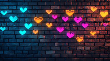 Poster - Glowing neon hearts of different colors forming a big heart shape on a brick wall, perfect for Valentine's Day