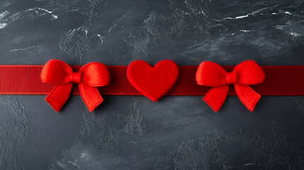 Poster - Red ribbon with bows and heart shape creating a Valentine's Day composition on dark background