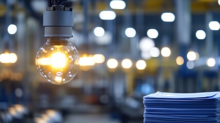 Poster - brightly lit light bulb hanging in focus against a blurred factory backdrop, with stacked documents 