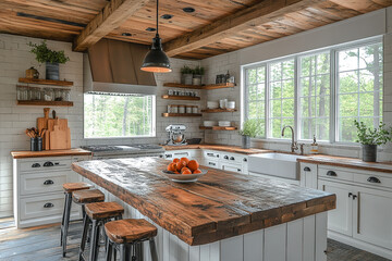 Wall Mural - Rustic Farmhouse Kitchen Island With Wooden Countertop