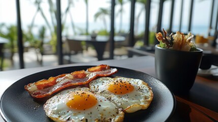 Poster - Delicious breakfast of fried eggs and crispy bacon served on a black plate, with a side of crispy fried onions, in a luxurious restaurant with an ocean view.