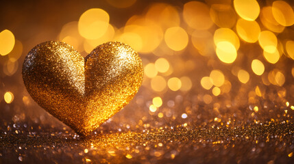 Poster - Golden glitter heart glowing on sparkling golden background with warm bokeh lights for Valentine's Day romance