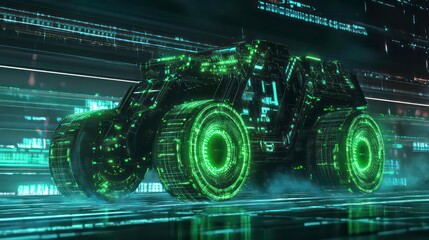 Poster - Futuristic green glowing vehicle speeding on digital highway.