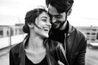 © Konstiantyn Zap - Young caucasian couple embracing and smiling outdoors in black and white