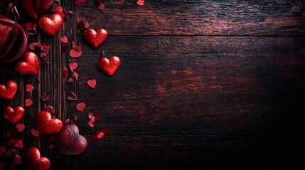 Poster - Red hearts and petals creating a romantic Valentine's Day background on a dark wooden table, perfect for greeting cards or love messages