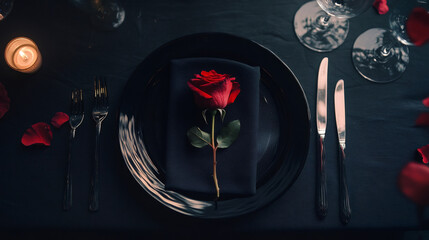Poster - Romantic dinner setting with red rose centered on black plate, warm candlelight casting soft shadows, highlighting intimate dining experience