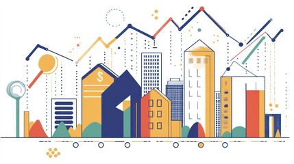 Fototapete - Cityscape with upward trending graphs illustrating growth and progress.