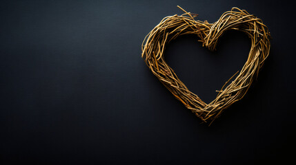 Poster - Heart shaped decoration made of woven twigs lying on dark background representing love and affection for Valentine's Day