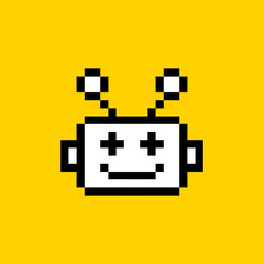 Poster - Cute bot pixel art icon. Chatbot 8 bit emoji. Naive childish design. Vintage retro sticker. Editable pixel vector illustration. Cute badge. Game abstract element. Y2k geometric shape for collage