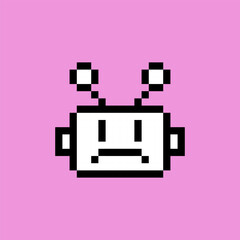 Poster - Sad bot pixel art icon. Robot. Chatbot 8 bit emoji. Naive childish design. Vintage retro sticker. Editable pixel vector illustration. Cute badge. Game abstract element. Y2k geometric shape for collage