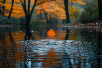 Autumn leaf floats gently on calm water