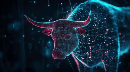 Poster - Abstract digital bull, glowing lines, dark background. (1)