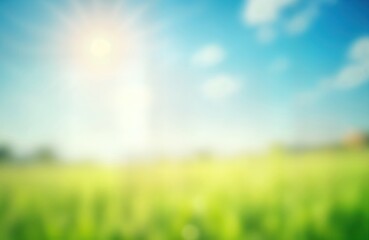 Poster - blurred spring meadow scene shows bright blue sky blending into vibrant green grass. sunny day with 