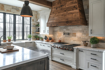 Wall Mural - Rustic Farmhouse Kitchen With White Cabinets And Stone Backsplash